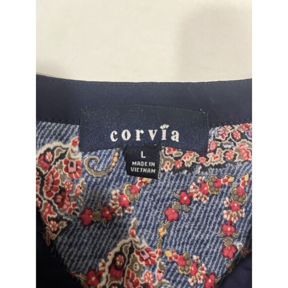 Corvia Women’s L Tank Top Boho Paisley White Blue Stretch Art Artsy Western - Picture 4 of 9